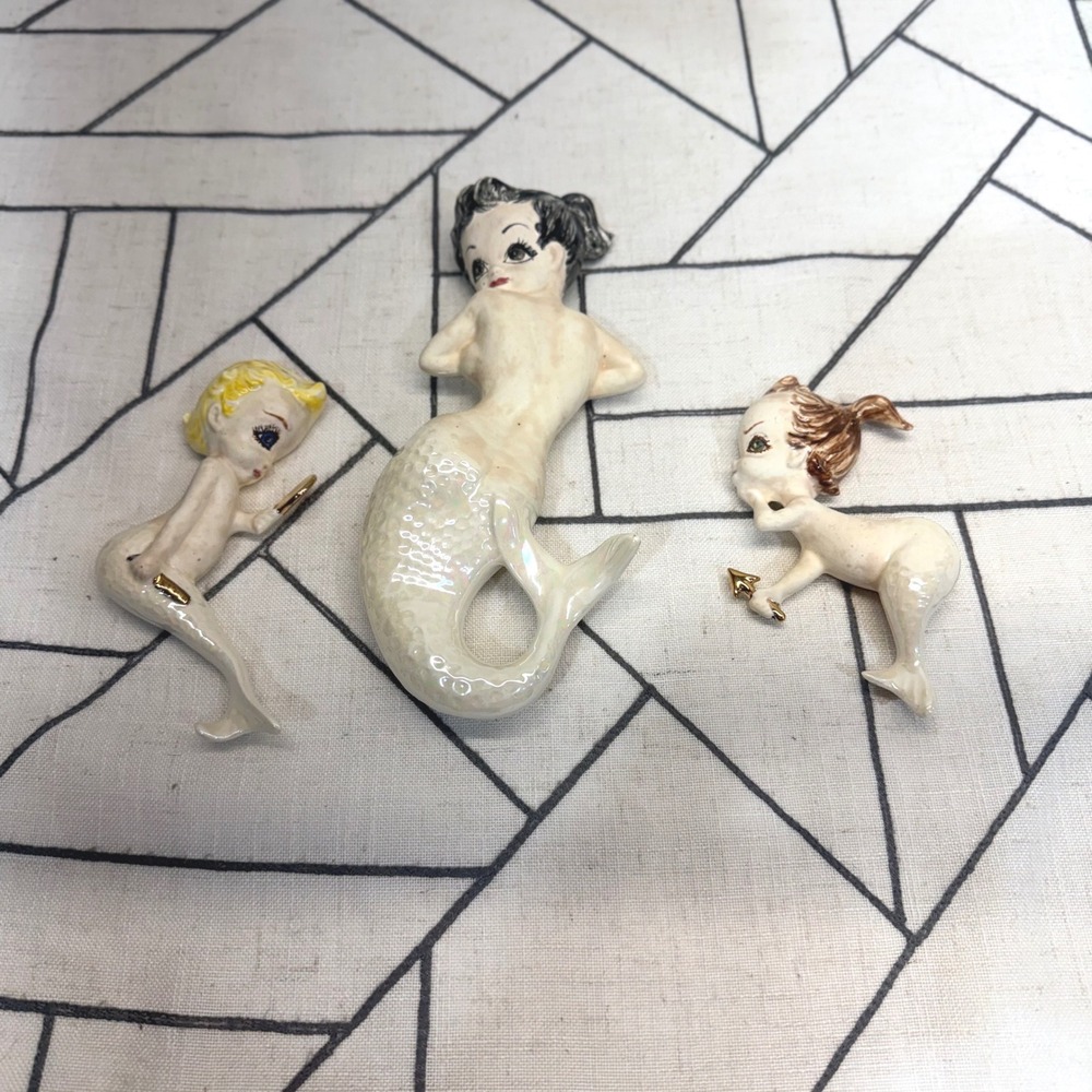 Vintage Ceramic Mermaid Wall Hanging Set 3pc Iridescent White Mid Century Decor